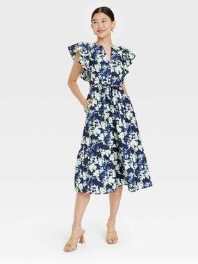 a new day Navy & White Floral V-Neck Midi Dress with Ruffle Sleeves